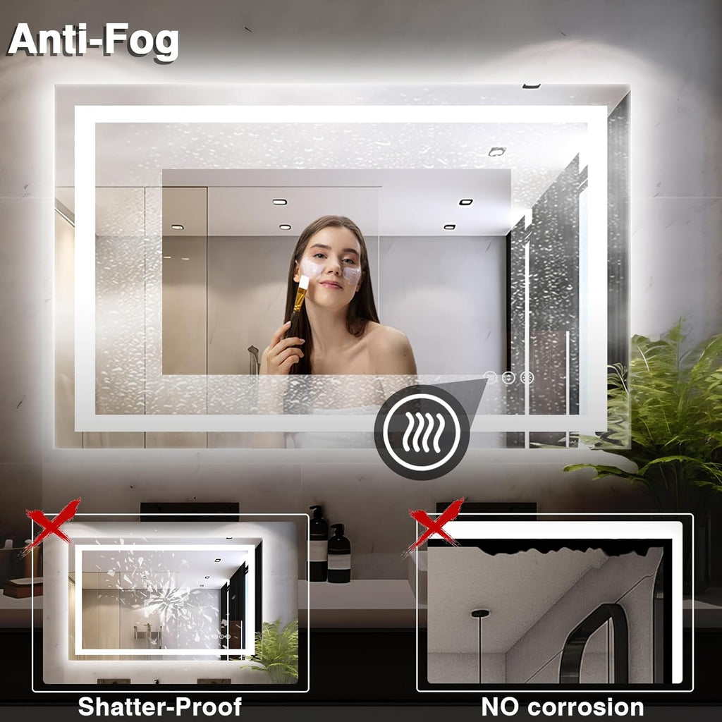 48"x32" LED Bathroom Mirrors for Wall, Front and Backlit Mirror, Anti-Fog Vanity Mirror with Lights, Stepless 3 Colors Dimmable Lighted Mirror(Horizontal/Vertical)