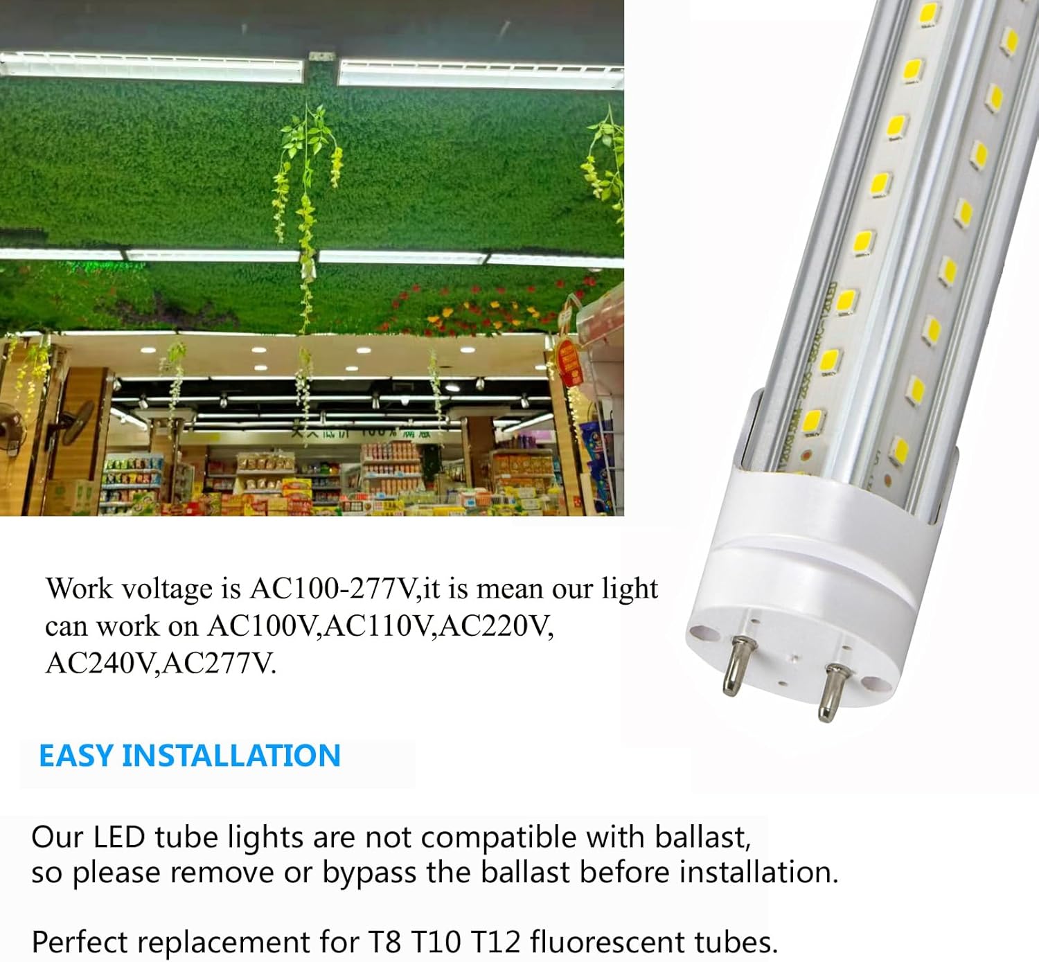 5 Foot T8 LED Tube Light,45W 4500lm,G13 Bi-Pin Base,60 inches End to End,V Shape,Daylight White 5000K,T12 Fluorescent Replacement,Dual-End Power,Ballast Bypass,Shop Lighting,Pack of 10