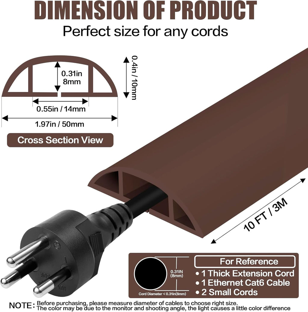 Floor Cord Cover Self Adhesive Cord Hider,10FT Cable Management, Extension Strip Protector for Wires, Prevent Cable Trips for Offices, Gyms, Exhibitions Cavity:0.47"(W) x 0.35"(H) Coffee