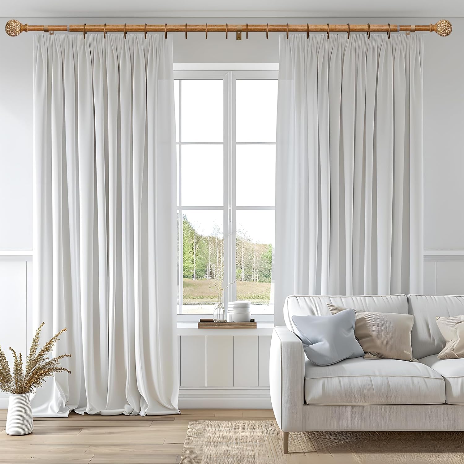 2 Pack Imitation Wood Grain Ball Curtain Rods for Windows 48 to 84 Inch,1 Inch Heavy Duty Adjustable Wood Curtain Rod,Boho Decorative Drapery Rods Set with Brackets,Size:36''-88''