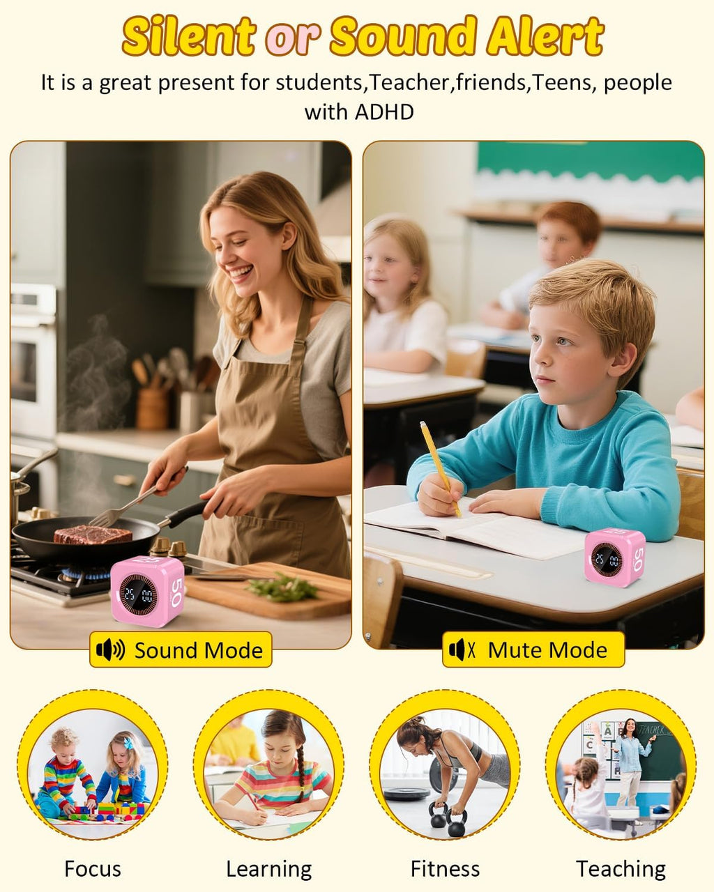 Pomodoro Timer Cube Visual Productivity Flip Timer for Kids Classroom Desk, 5/10/25/50min&Custom Countdown, Silent&Sound Mode Digital Cube for ADHD Study Work School Game Kitchen (Pink)