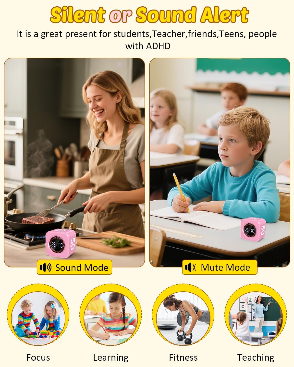 Pomodoro Timer Cube Visual Productivity Flip Timer for Kids Classroom Desk, 5/10/25/50min&Custom Countdown, Silent&Sound Mode Digital Cube for ADHD Study Work School Game Kitchen (Pink)