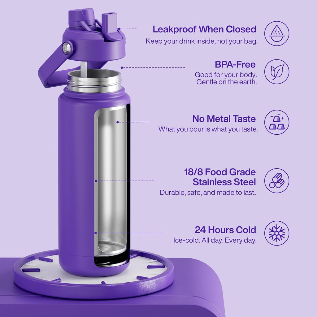ENCOOL Insulated Water Bottle with Straw Stainless Steel Water Bottle, Leak-Proof, BPA-Free, Double Wall Vacuum Keeps Cold for 24 Hours for Sports, Travel, School (32 oz, Violet)