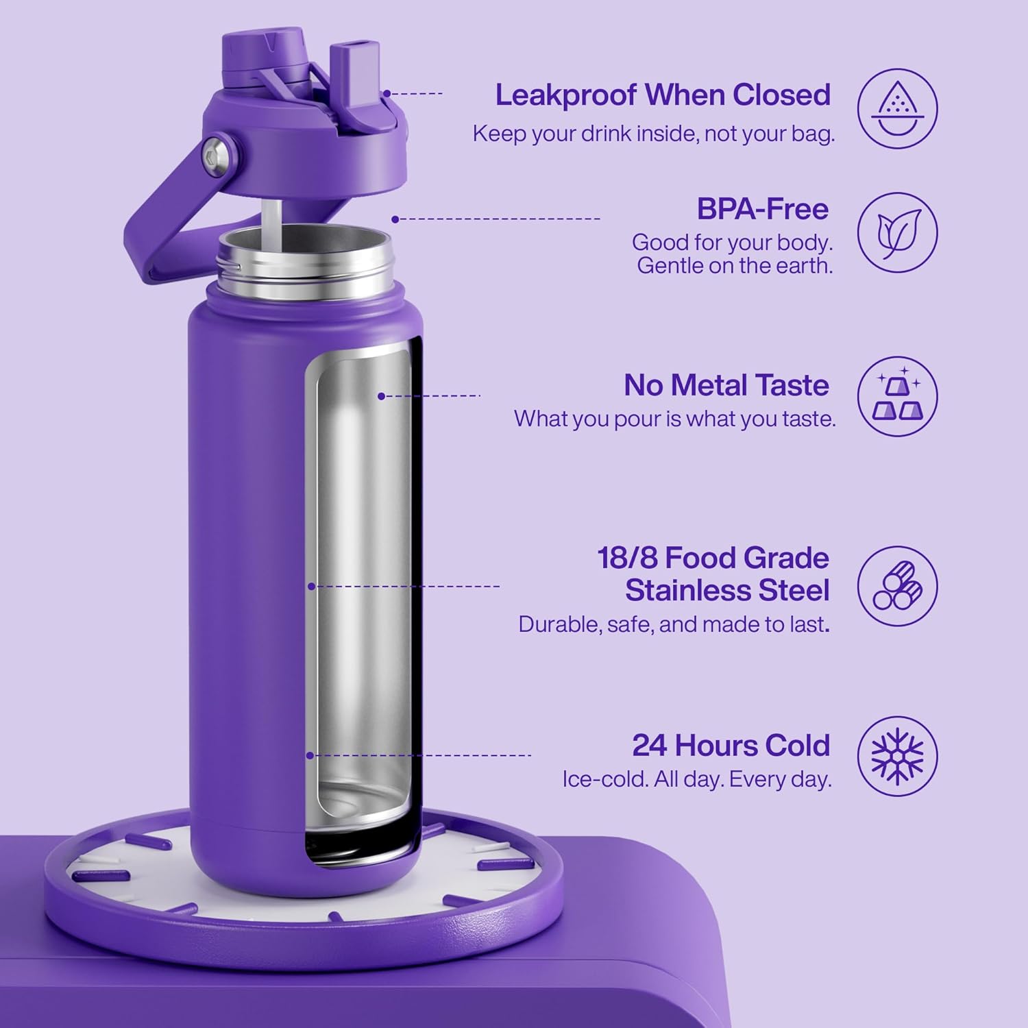 ENCOOL Insulated Water Bottle with Straw Stainless Steel Water Bottle, Leak-Proof, BPA-Free, Double Wall Vacuum Keeps Cold for 24 Hours for Sports, Travel, School (32 oz, Violet)