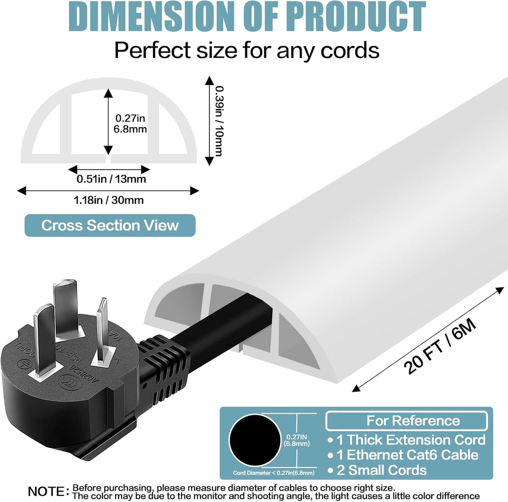 Floor Cord Cover Self Adhesive Cord Hider,20FT Cable Management, Extension Strip Protector for Wires, Prevent Cable Trips for Offices, Gyms, Exhibitions Cavity:0.39"(W) x 0.27"(H) White