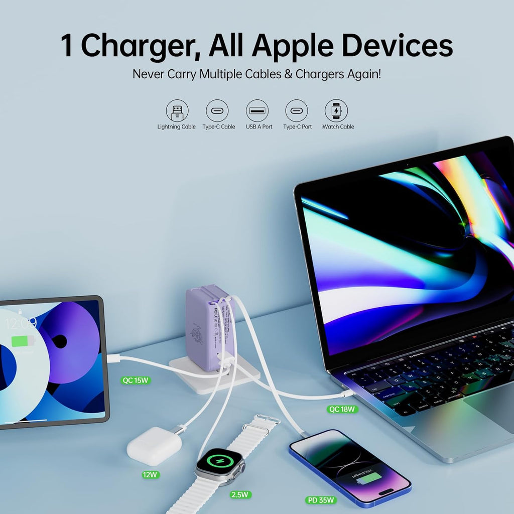 Retractable Apple Watch Charger, 5 in 1 Travel Charging Station for Apple Devices, Retractable Chargers for Multiple Devices with Multi Charging Cable, Charger Block for Apple Gear (Purple)