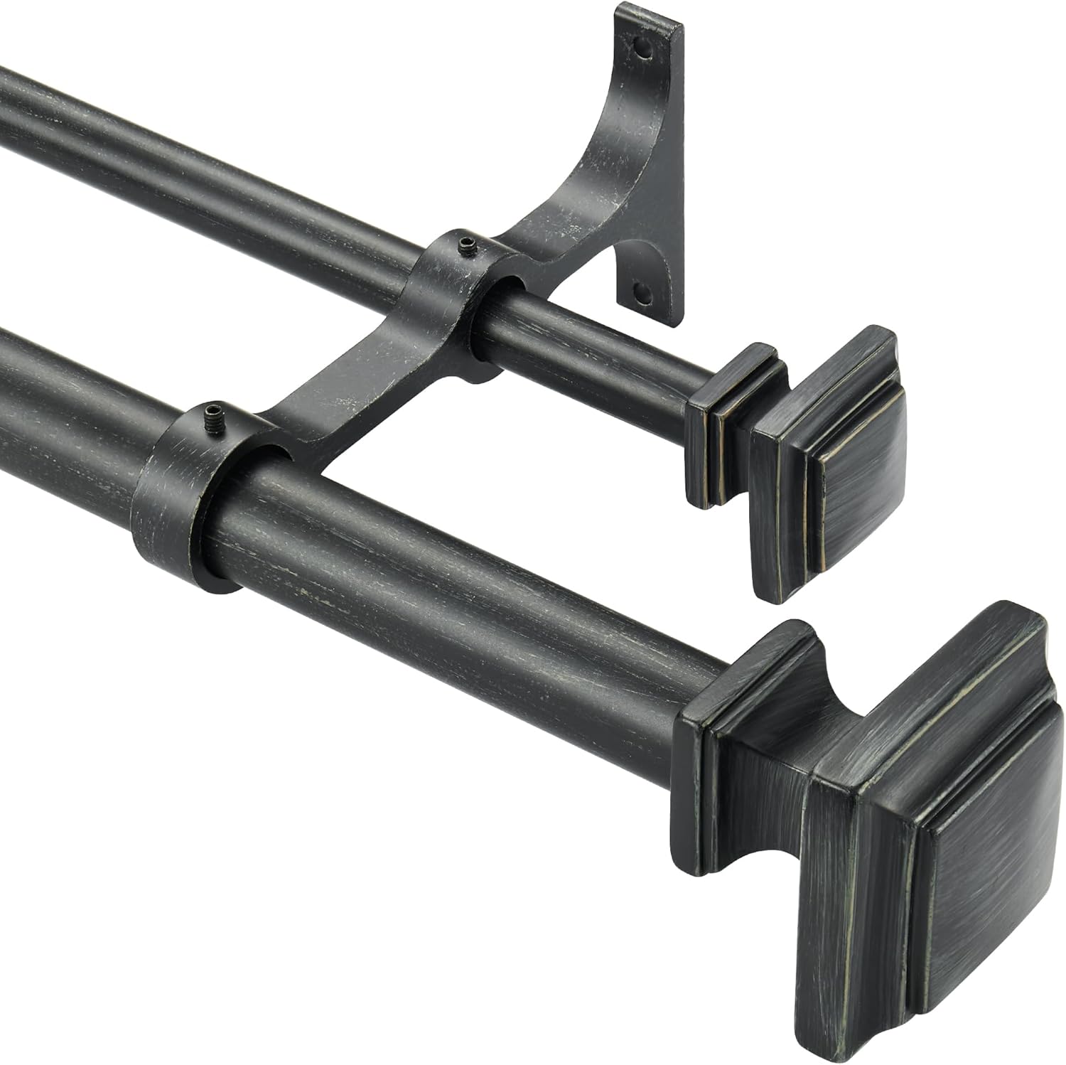 Double Wood Curtain Rods for Windows 36 to 72 Inches,1 Inch Decorative Wooden Curtain Rod with Square Imitation Wood Grain Finials and Double Aluminum Bouquet Bracket, Antique Black