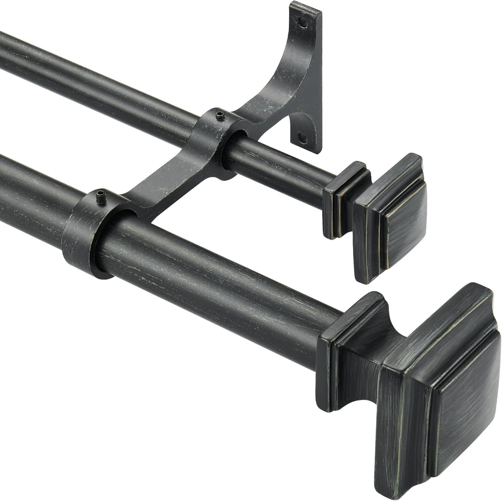Double Wood Curtain Rods for Windows 72 to 144 Inches,1 Inch Decorative Wooden Curtain Rod with Square Imitation Wood Grain Finials and Double Aluminum Bouquet Bracket, Antique Black