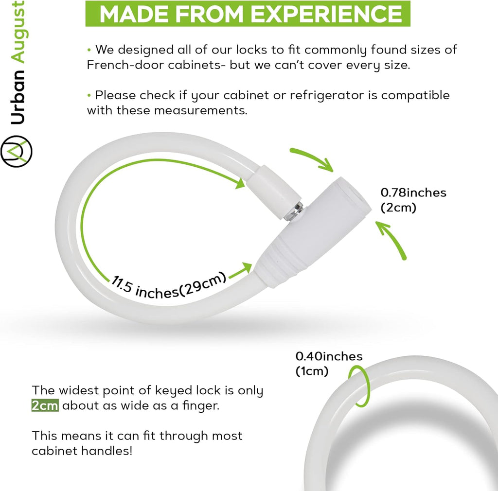 Urban August Child-Proof Refrigerator Lock for Kids & Adults - Lock for French Door Fridge and Cabinet (Small, White - 2 Pack)