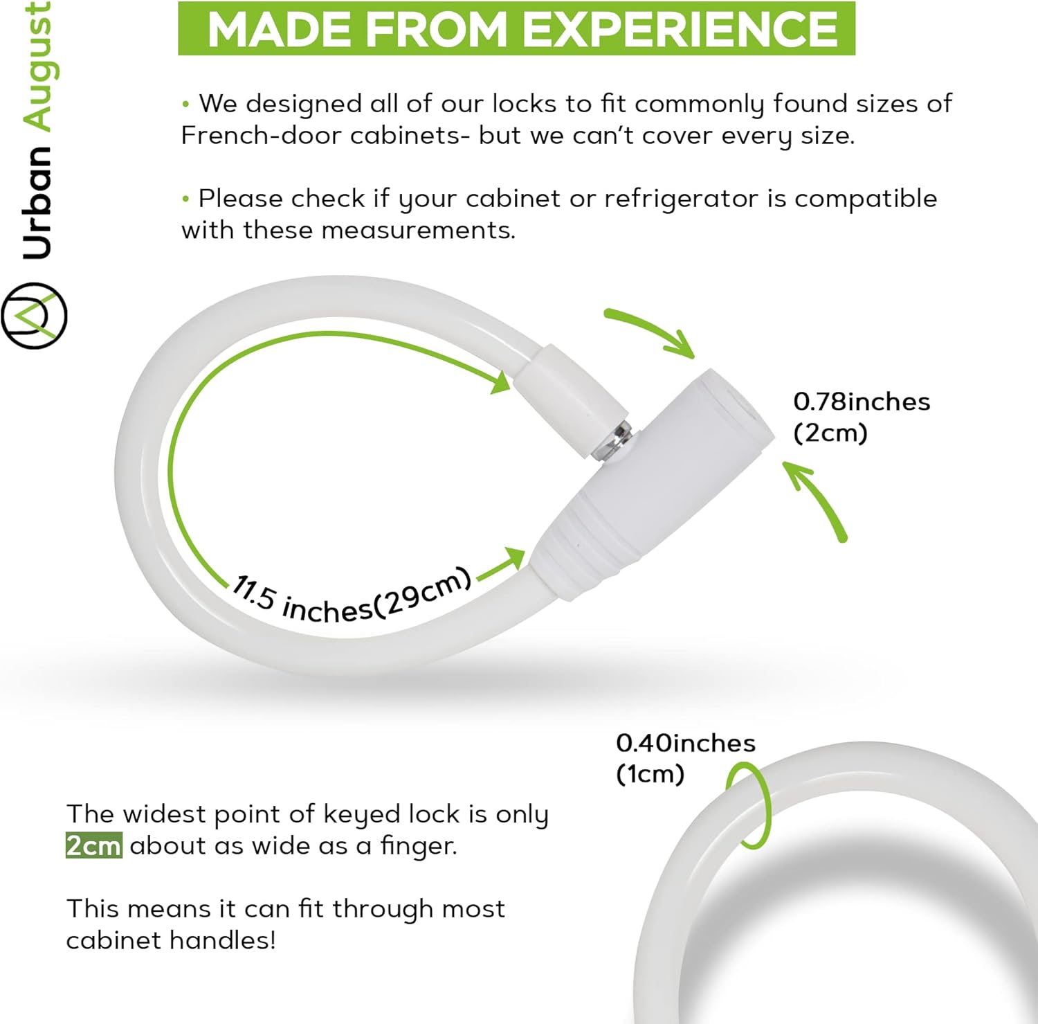 Urban August Child-Proof Refrigerator Lock for Kids & Adults - Lock for French Door Fridge and Cabinet (Small, White - 2 Pack)