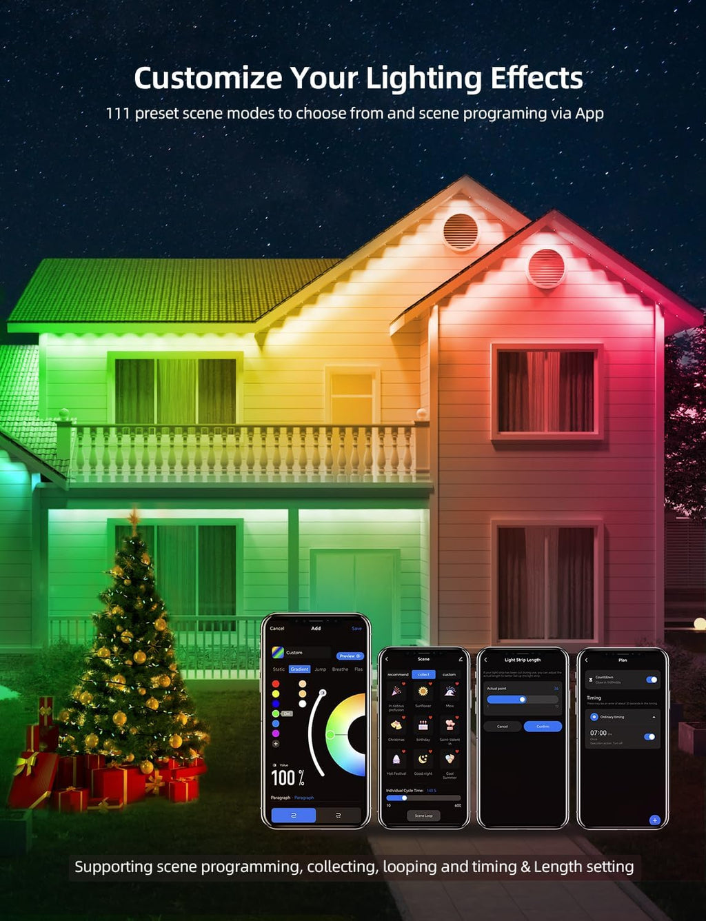 APPECK Permanent Outdoor Lights 50ft with 36 RGBW LEDs, DIY Scene Modes, LED Eaves Lights Waterproof with App Control, for Daily Holiday House Decorations, Voice/Remote Control, Black