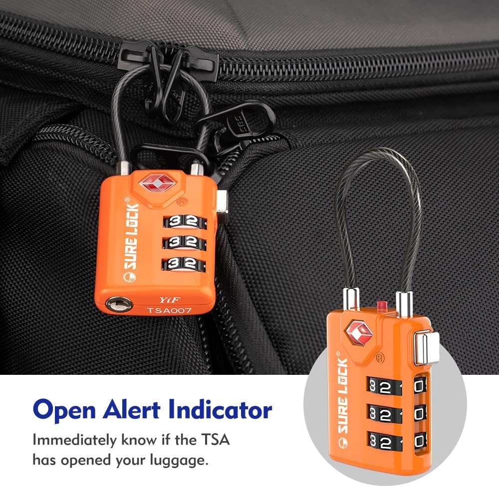 SURE LOCK TSA Compatible Travel Luggage Locks, Inspection Indicator, Easy Read Dials TSA Approved with Zinc Alloy Orange 4 Pack