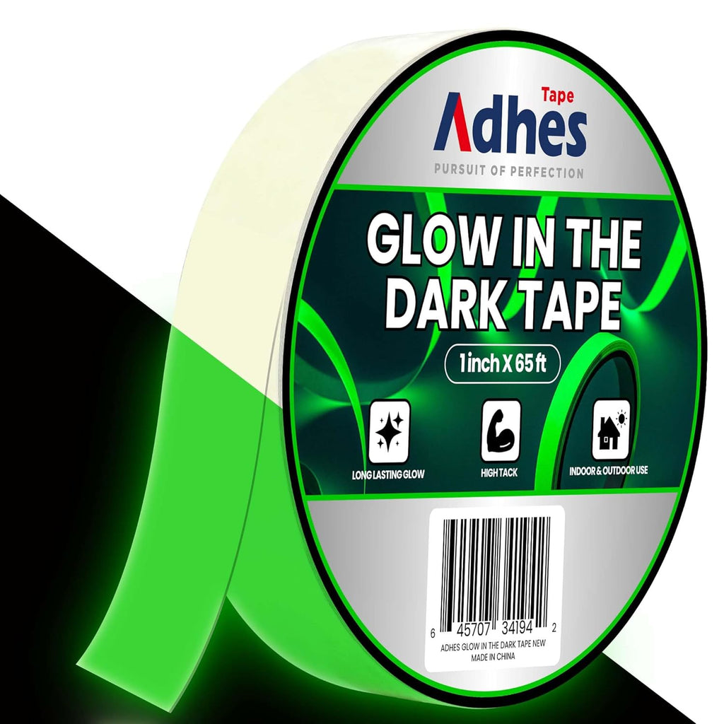 ADHES Green Glow in The Dark Tape 1 Inch x 65FT, Waterproof Reflective Tape for Stairs, Floors, Walls, Party, Emergency Exits & DIY Projects