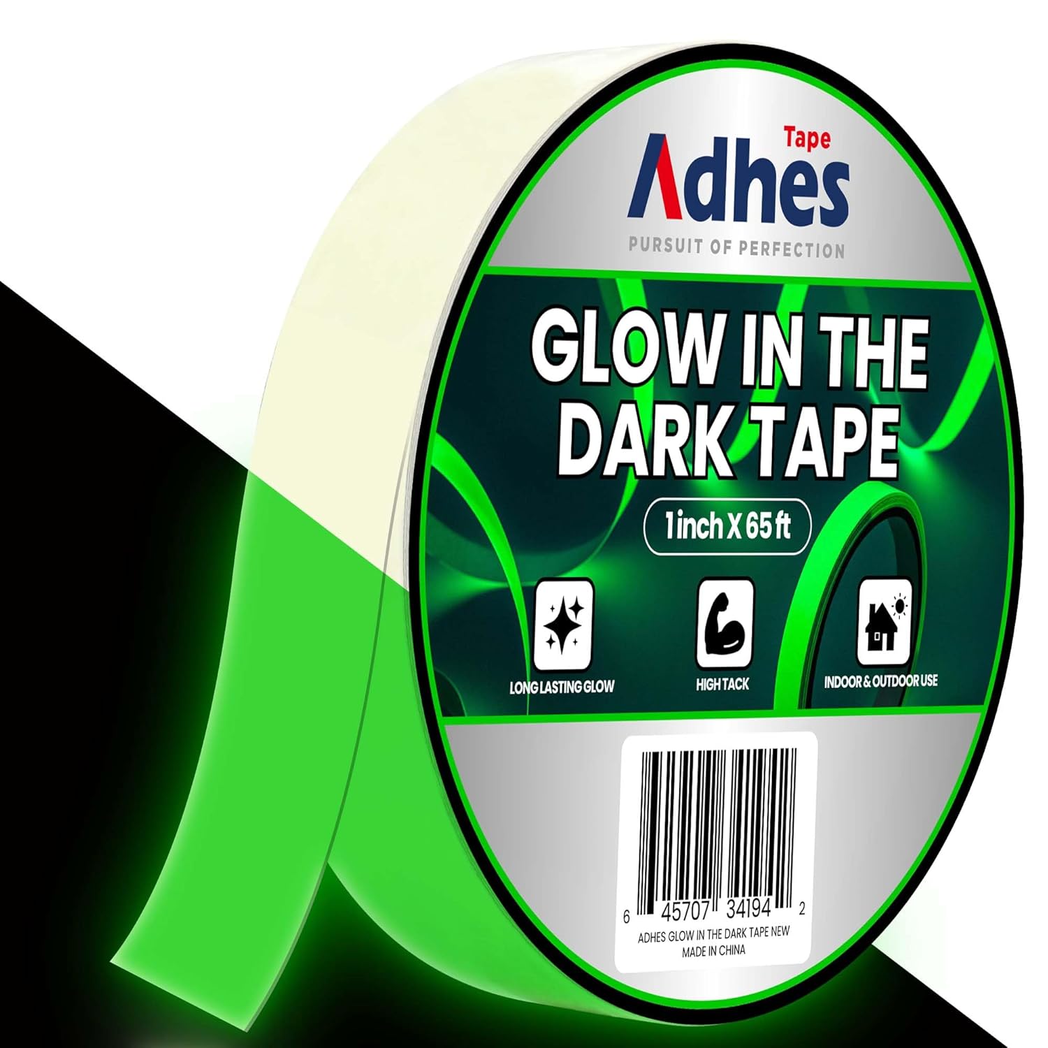 ADHES Green Glow in The Dark Tape 1 Inch x 65FT, Waterproof Reflective Tape for Stairs, Floors, Walls, Party, Emergency Exits & DIY Projects