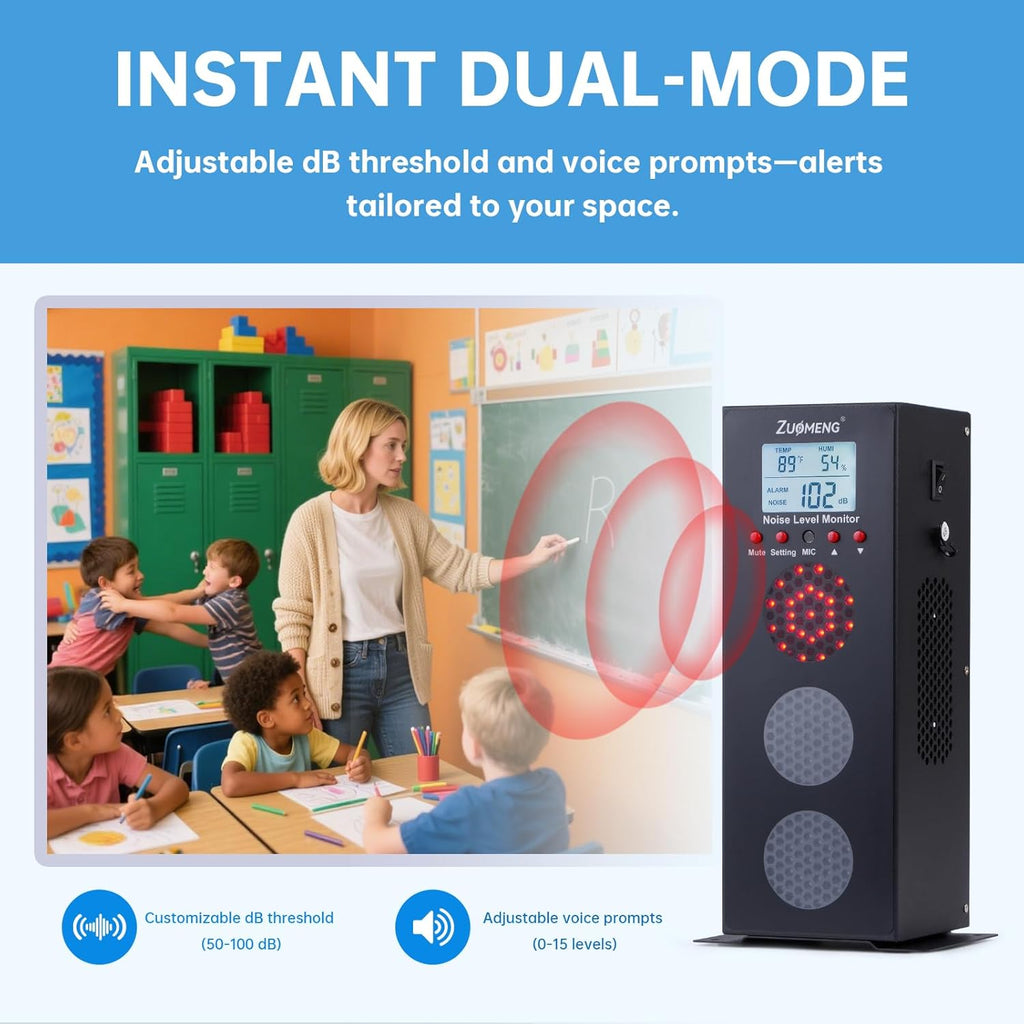 Noise Detector with Traffic Light Alert & Adjustable dB Threshold & Volume, Temp & Humidity Display, for Classroom Noise Control, Fun Interaction for Easy Noise Management