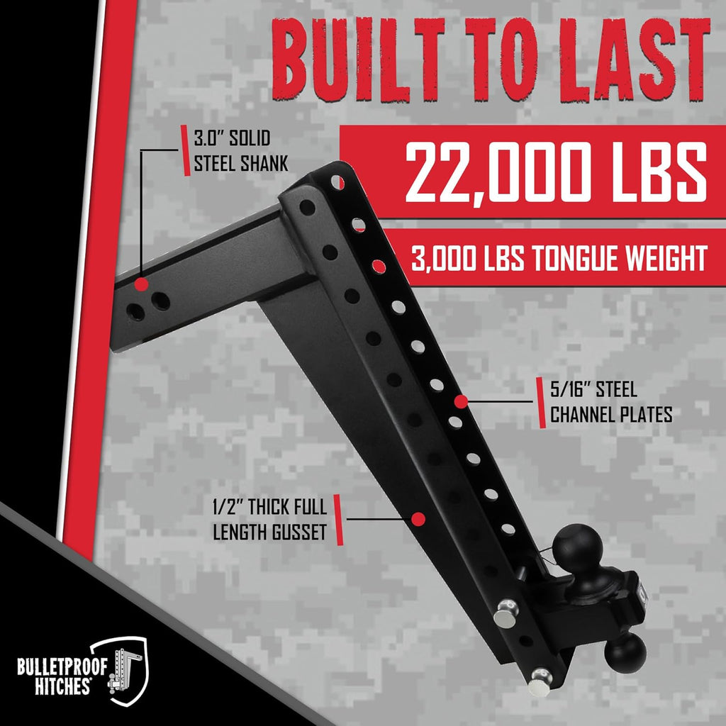 BulletProof Hitches - 3.0" Adjustable Heavy Duty Trailer Hitch (22,000 lb. Rating) - 20" Drop/Rise Trailer Hitch with 2" & 2-5/16" Dual Ball - Powder Coat, Solid Steel, Corrosion-Resistant