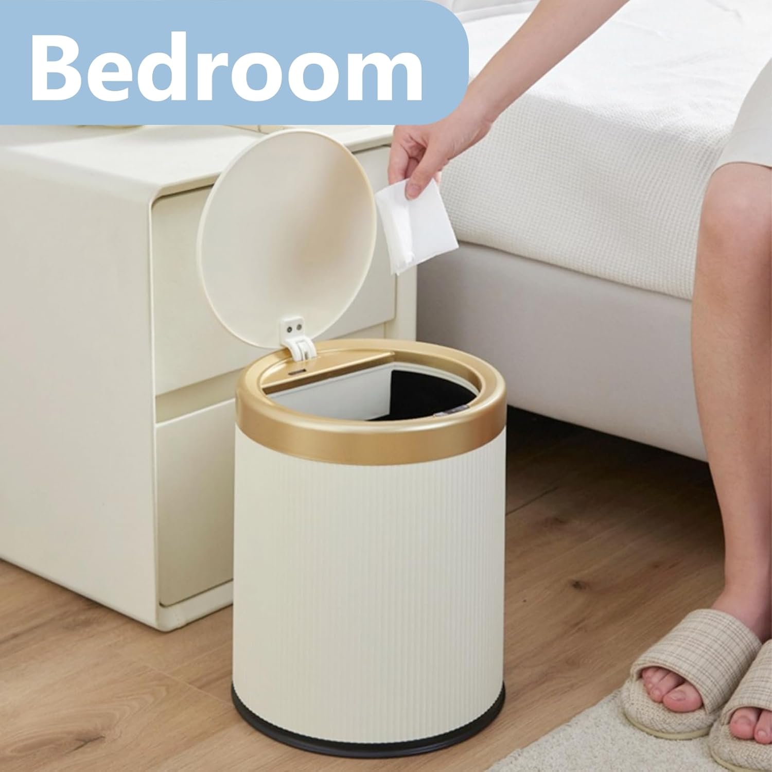 URALFA 2Pack Bathroom Trash Can with Lid, Small Garbage Can Dog Proof, Plastic Waste Basket with Pop-up Lid for Toilet, Office, Bedroom, Living Room, 2.8 Gallon + 3.7 Gallon (Cream White)