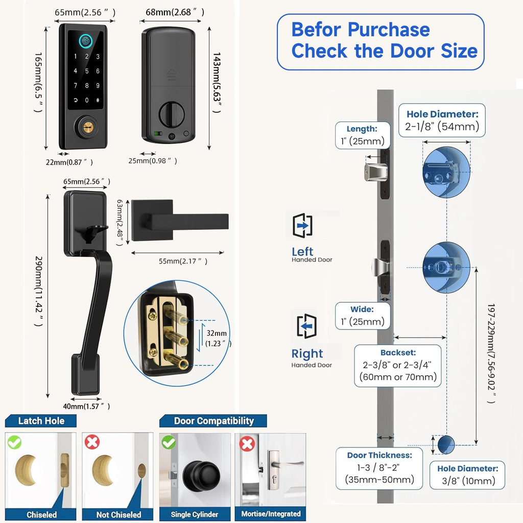 BEBASIA Fingerprint Door Lock for Front Door with Handle Set, App Control, Smart Keyless Entry Digital Electronic Keypad Touchscreen Deadbolt, Easy Install, Auto Lock, Black