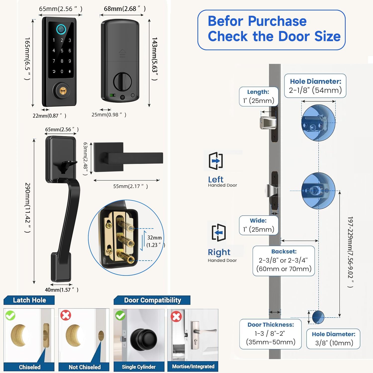 BEBASIA Fingerprint Door Lock for Front Door with Handle Set, App Control, Smart Keyless Entry Digital Electronic Keypad Touchscreen Deadbolt, Easy Install, Auto Lock, Black