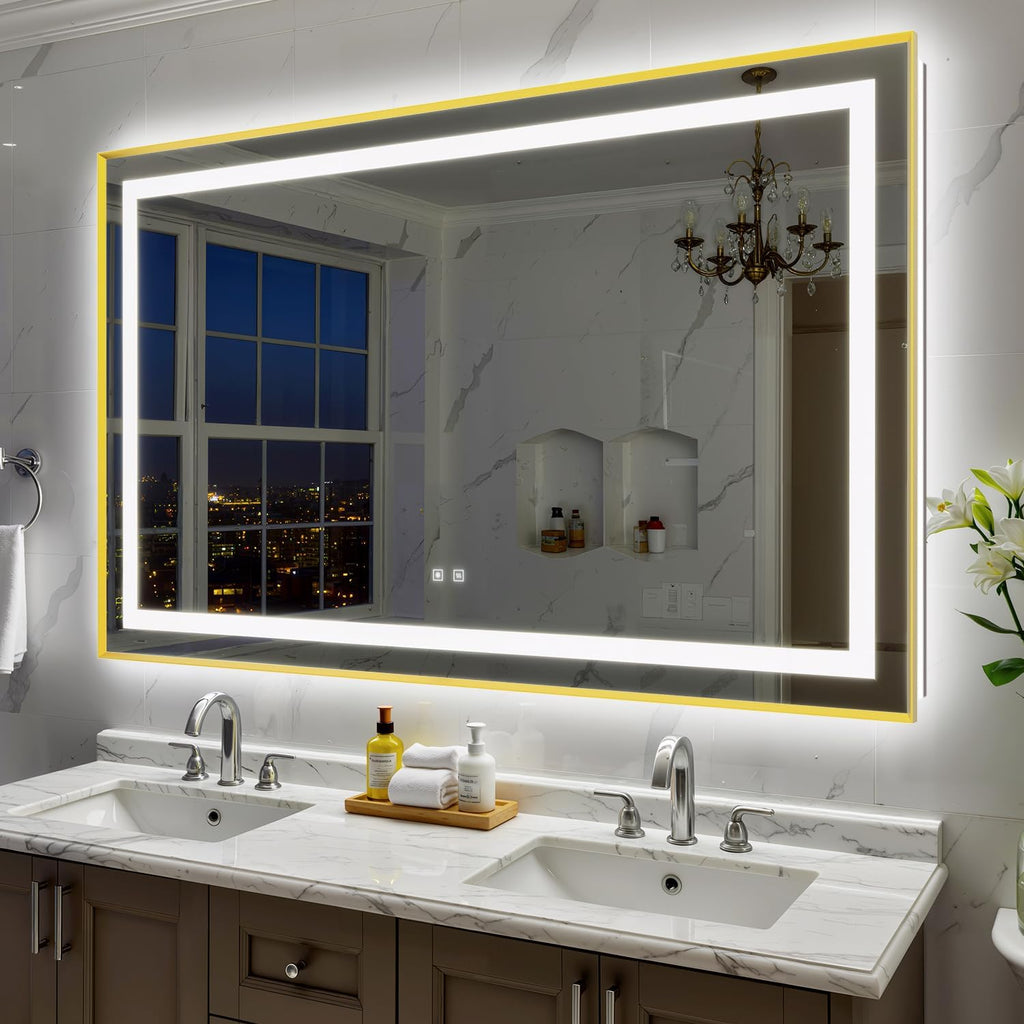 60X36 Inch LED Bathroom Mirror with Lights, Gold Frame Frontlit+ Backlit Bathroom Vanity Mirror for Wall, Ultra-Clear Tempered Glass, Shatter-Proof, Anti-Fog and Memory Function, ETL Listed