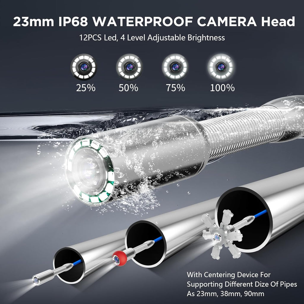 Sewer Camera, Self-Leveling Drain Camera with 7mm Thicker Cable, 305ft/91.5M Range, 9" 1080P HD Monitor, IP68 Waterproof for Pipe Inspection, DVR Snake Cam with Distance Counter & 32GB Card