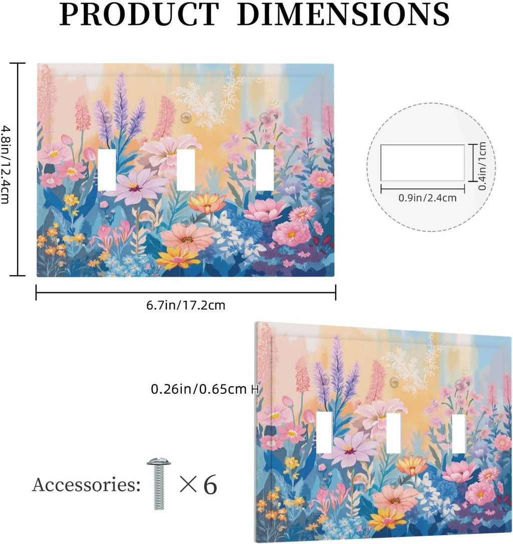 Decorative Light Switch Cover Plate Colorful Watercolor Flowers Wildflower Plants 3 Gang Wall Plate Triple Toggle Switch Plate Covers Electrical Outlet Cover for Bathroom Home Decor