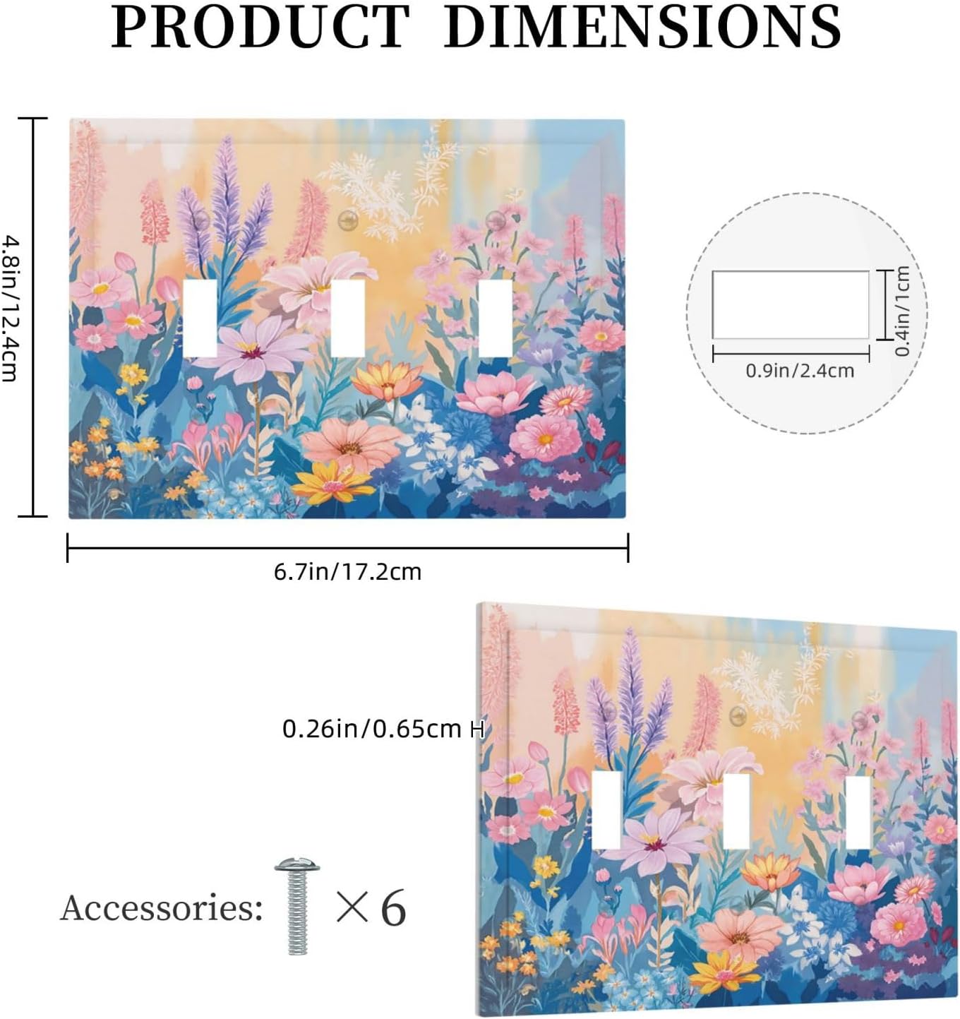 Decorative Light Switch Cover Plate Colorful Watercolor Flowers Wildflower Plants 3 Gang Wall Plate Triple Toggle Switch Plate Covers Electrical Outlet Cover for Bathroom Home Decor