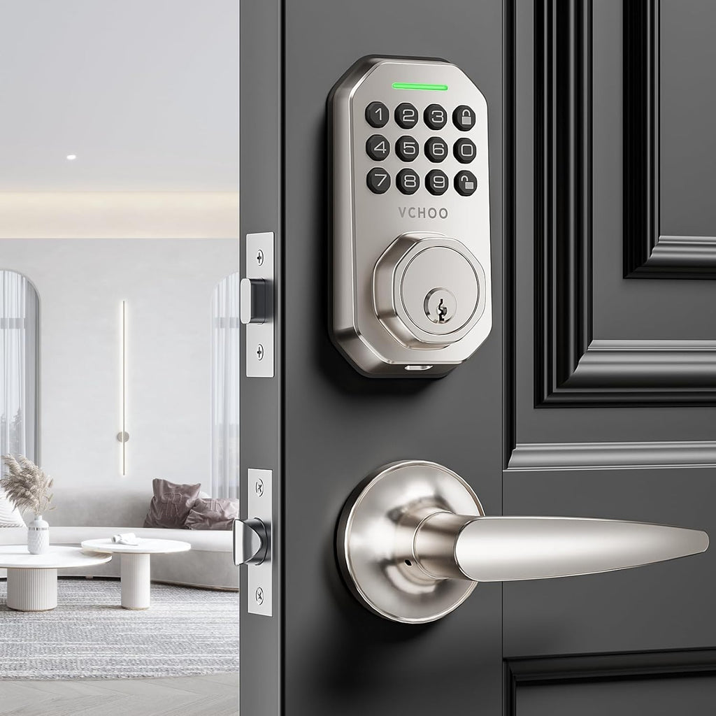 Keyless Entry Door Lock Set Smart Locks for Front Keypad Door Lock with Handle Low Battery Warning Automatic Lock One Time Password Anti Peeping Password IP54, Satin Nickel
