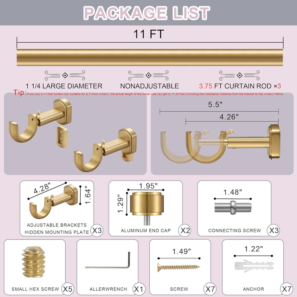 Heavy Duty Curtain Rods,1 1/4" Large Diameter Premium Nonadjustable Curtain Rod,132in/11ft Custom Window Treatment Rods with Durable Aluminum Brackets and End Caps,Gold Finish