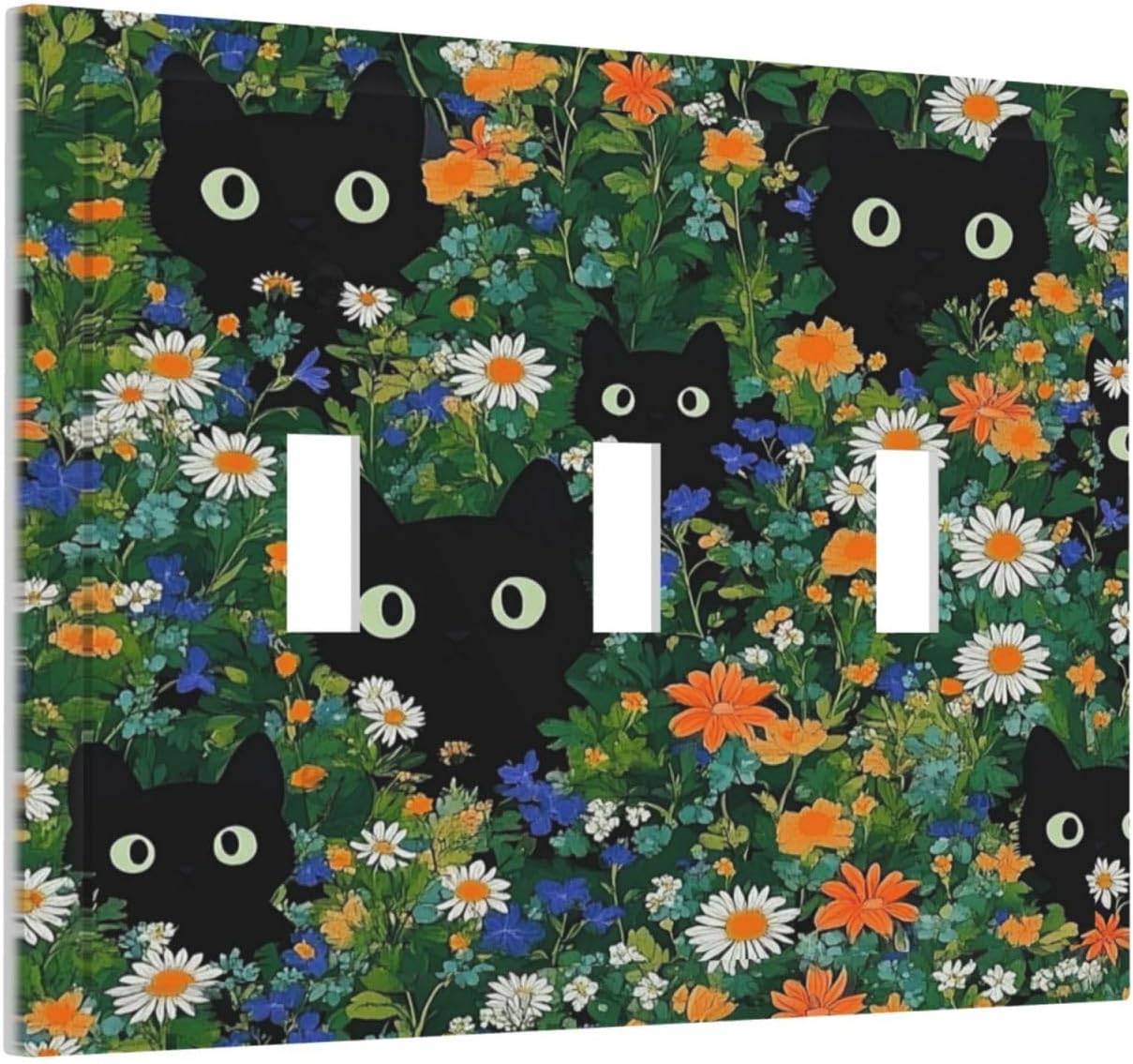 Boho Funny Black Cute Cats Daisy Wildflower Decorative Switch Plates 3 Gang Wall Plate Triple Toggle Light Switch Cover Faceplate Electrical Wall Panels For Kids Room Bed Room Decor