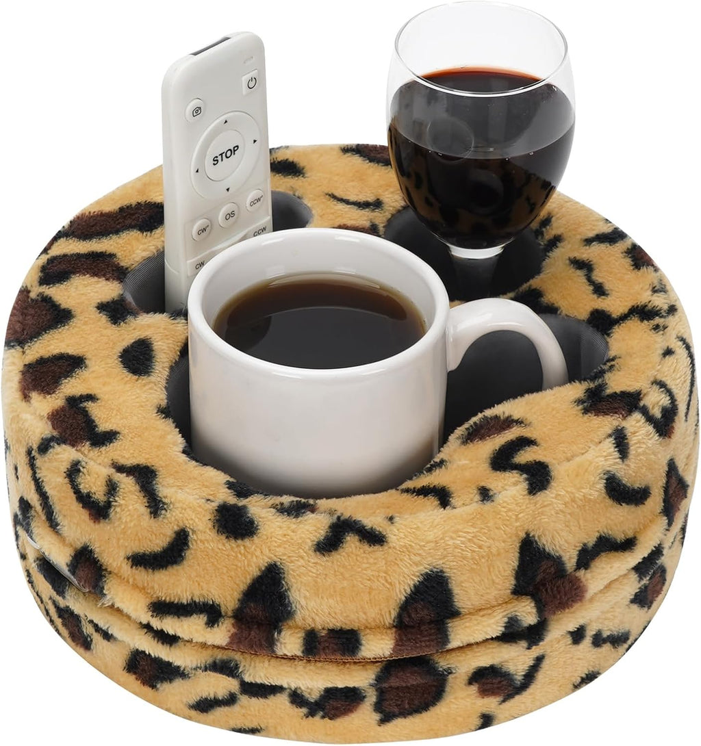 G GOOD GAIN Couch Cup Holder Pillow, Cute Sofa Drink Cup Holder Cozy Buddy | Desk Organizer for Mugs, Snacks, Phone, Makeup | Bed Caddy Tray for Car, Beach, Picnic, Boat, RV, Table (Cheetah)