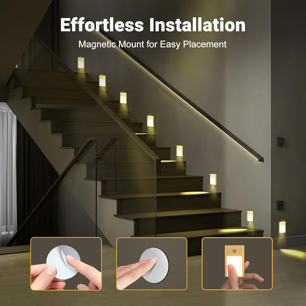 Rechargeable Motion Sensor Night Lights, 4-Pack - Brushed Gold Aluminum Alloy, Ultra-Compact Magnetic Mount, 3000K Warm White Glow, Ideal for Hallways, Bedrooms, Stairs & Nightly Use