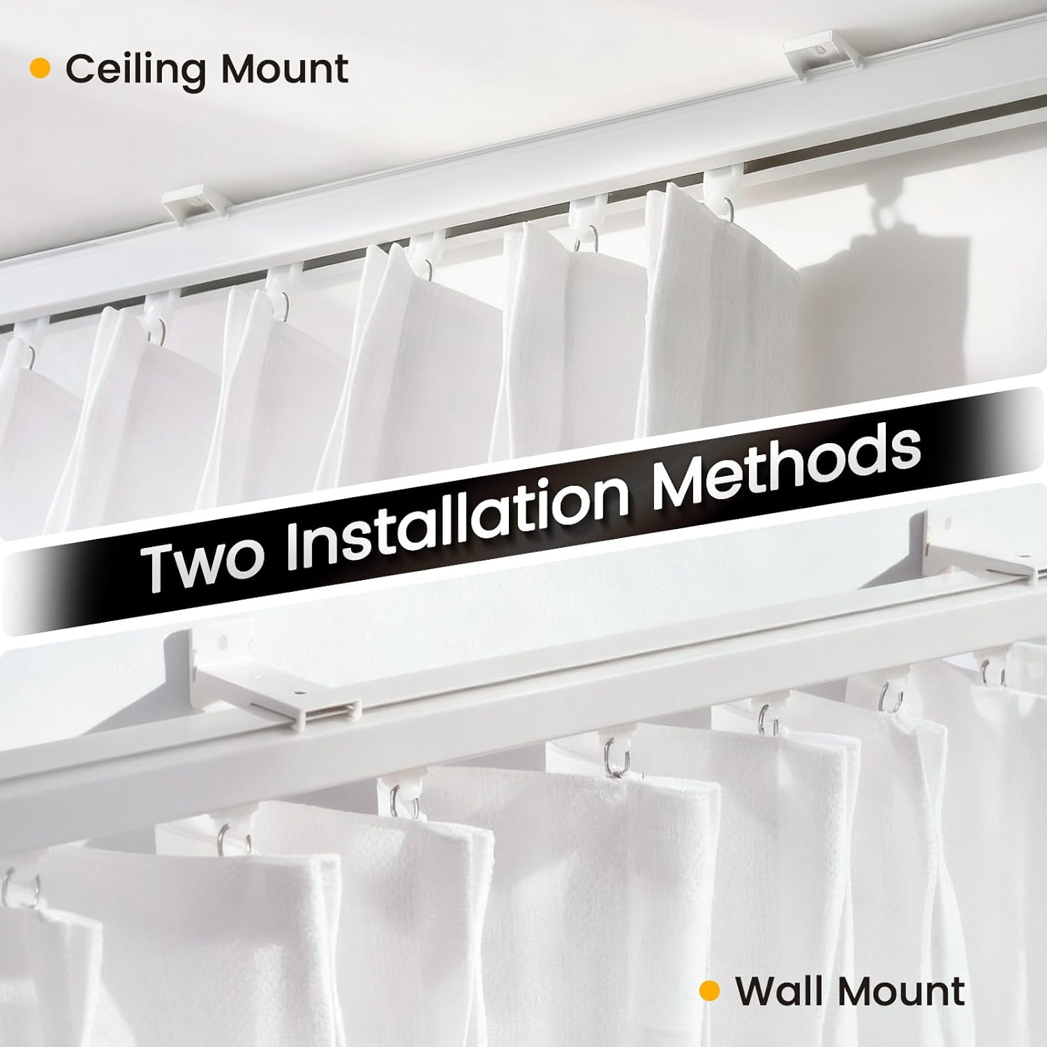 Aluminum 15 ft–18 ft Ceiling Curtain Track Set with 3 Types of Hooks, Adjustable Ceiling/Wall Mount Room Divider Curtain Rail System, White