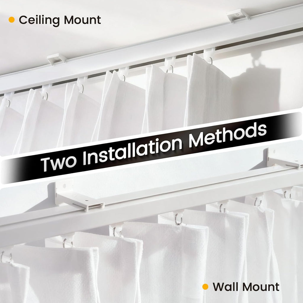 Aluminum 12 ft–15 ft Ceiling Curtain Track Set with 3 Types of Hooks, Adjustable Ceiling/Wall Mount Room Divider Curtain Rail System, White