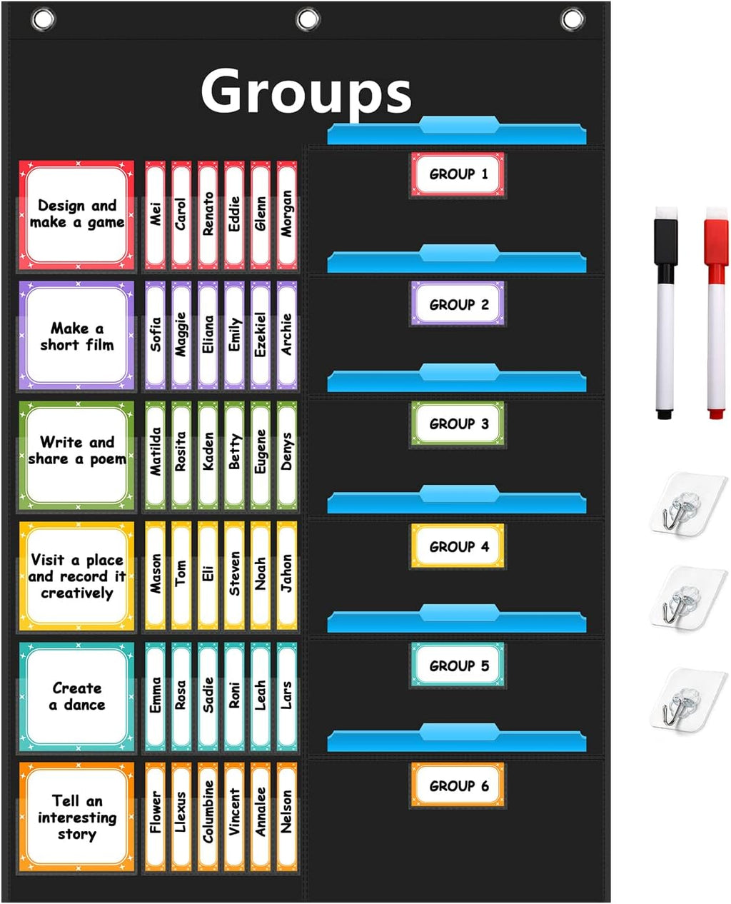 REGELETO Small Group Management Pocket Chart with 96 Cards Classroom Jobs Chart Small Group Organizer and on Task for School Teacher Homeschool Learning Supplies (Black)