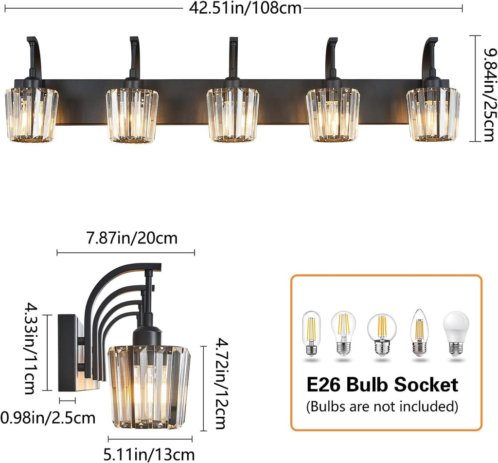 Modern Bathroom Vanity Light, 5-Light Black Wall Sconce with Crystal Accents, Over Mirror Bathroom Lighting Fixture, 42.51" Long Dimmable Vanity Lamp for Makeup, Easy Installation