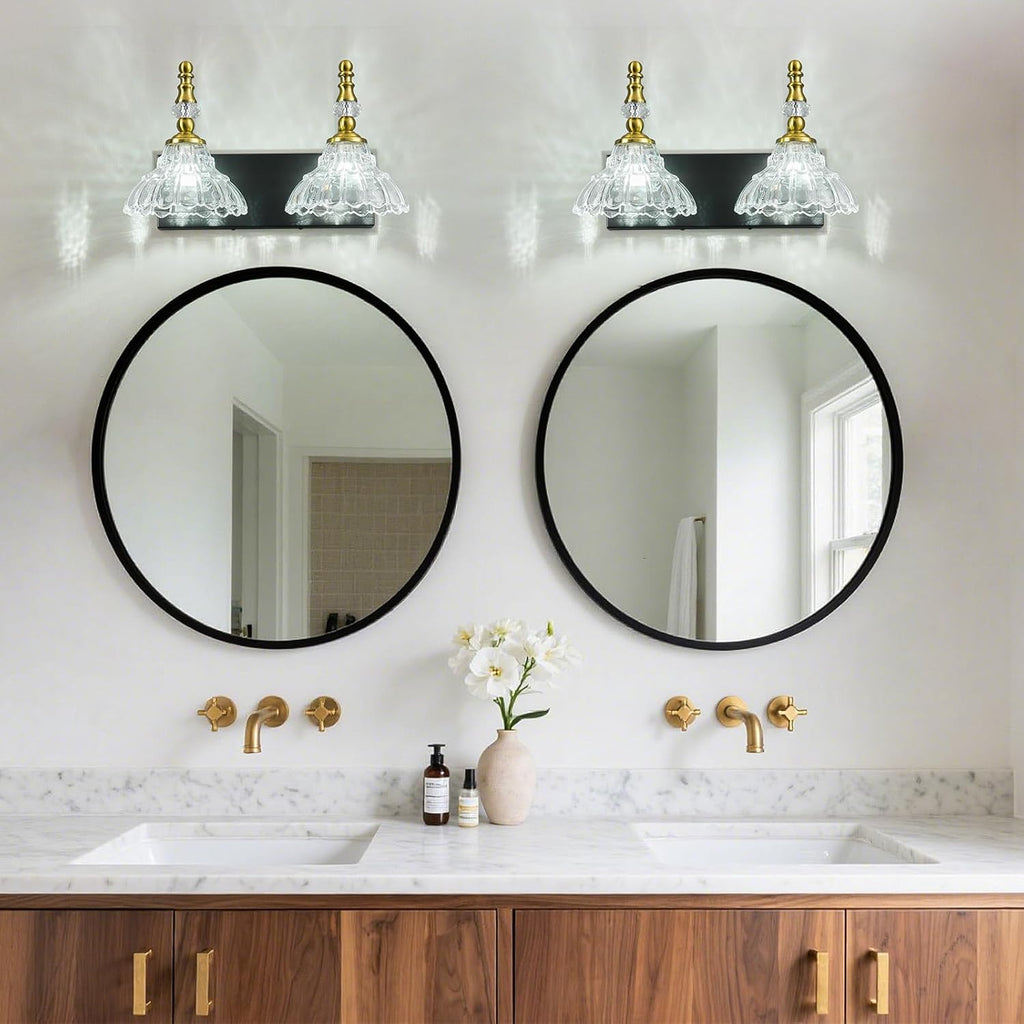 Vintage Bathroom Vanity Light, 2-Light Black Gold Vanity Lighting Fixture with Flower Glass Shade, Bathroom Lighting Fixtures Over Mirror