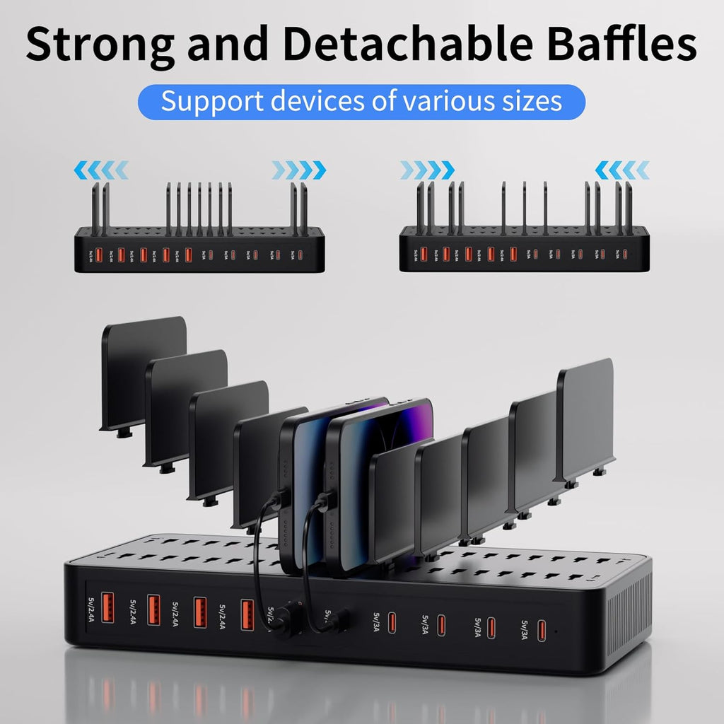 60W Charging Station for Multiple Devices, 10-Port USB Fast Charging Station with Adjustable Dividers - Device Organizer Charging Dock for iPhone, Android, iPad, Tablets & More