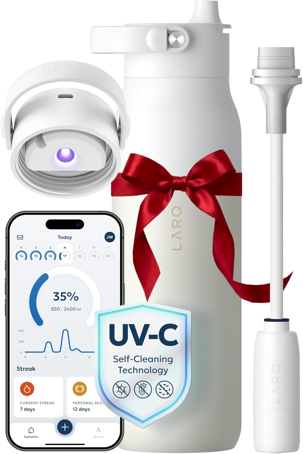 LARQ Bottle PureVis 2 - UV Water Purifier with Self-Cleaning, App Hydration Tracking, Filter Straw, Detachable Handle, Double-Wall Insulated