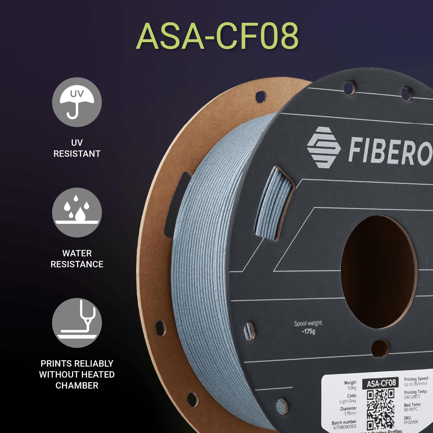 Polymaker Fiberon ASA-CF08 Light Grey Carbon Fiber 3D Printing Filament 1.75mm 0.5KG, UV & Weather Resistant, High Rigidity, Heat Resistant, Easy to Print, Functional Parts & Prototypes
