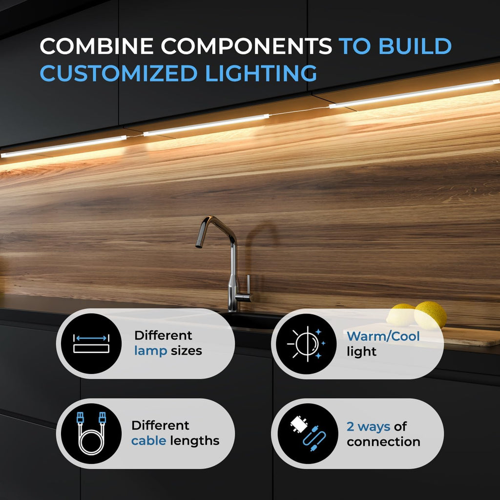 EShine 12 inch LED Dimmable Under Cabinet Lighting Strip with Hand Wave Motion Sensor, Black, with Accessories (No Power Supply Included), Warm White (3000K)