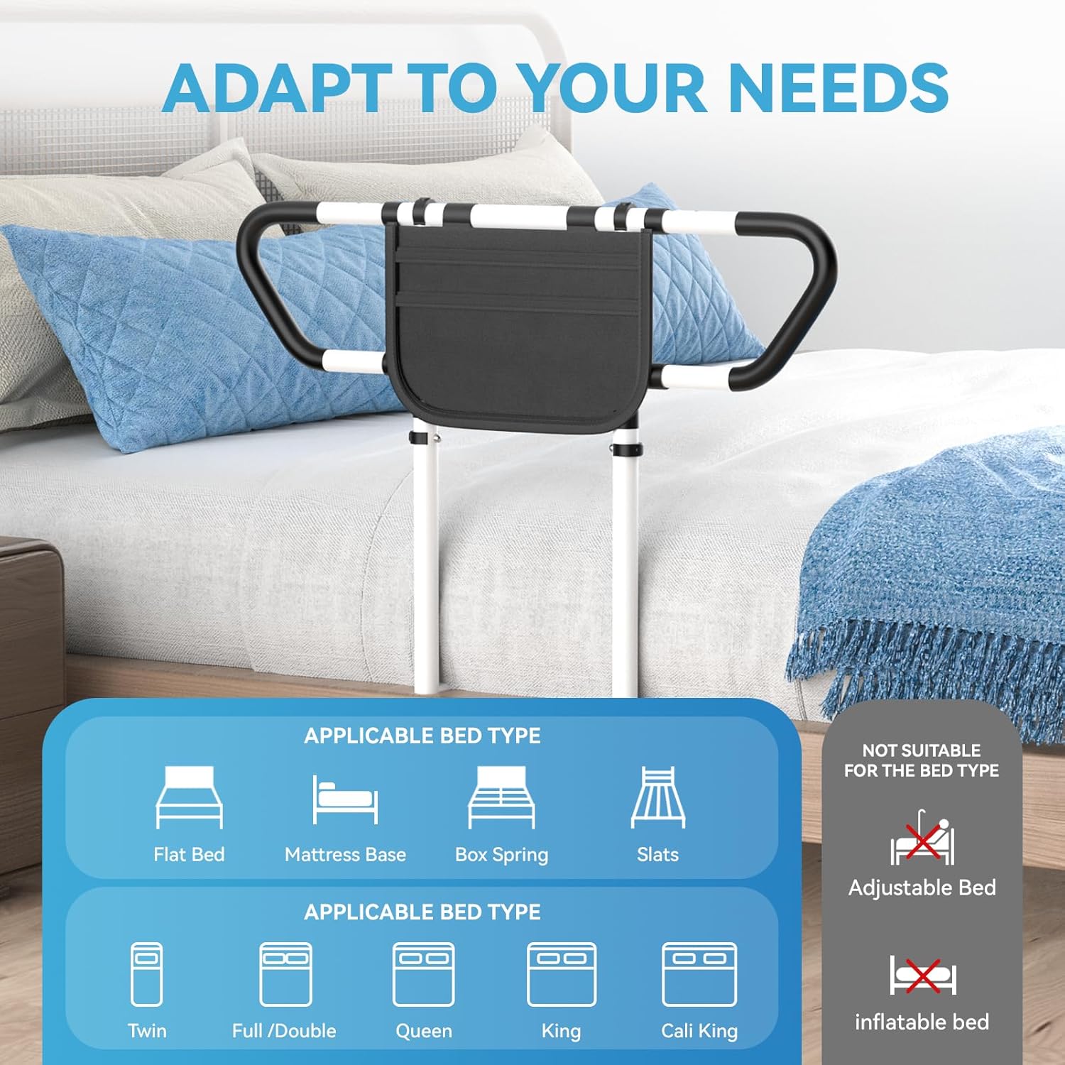 Bed Rails for Elderly Adults Safety - ASTM F3186-17 Certified 400lbs Capacity Adjustable Bed Assist Rail with Non-Slip Handles & Storage Bag, Fits Twin/Full/Queen/King Beds