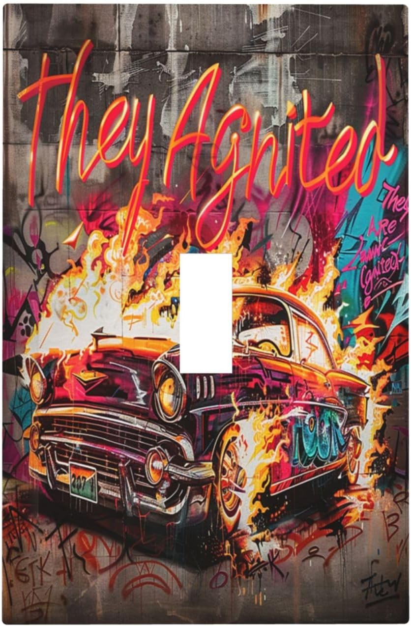 Decorative Light Switch Cover Hip Hop Street Graffiti Flame Car 1 Gang Single Toggle Device Electrical Faceplate Switchplates Decorator Outlet Wall Plate for Bedroom living Room Decor