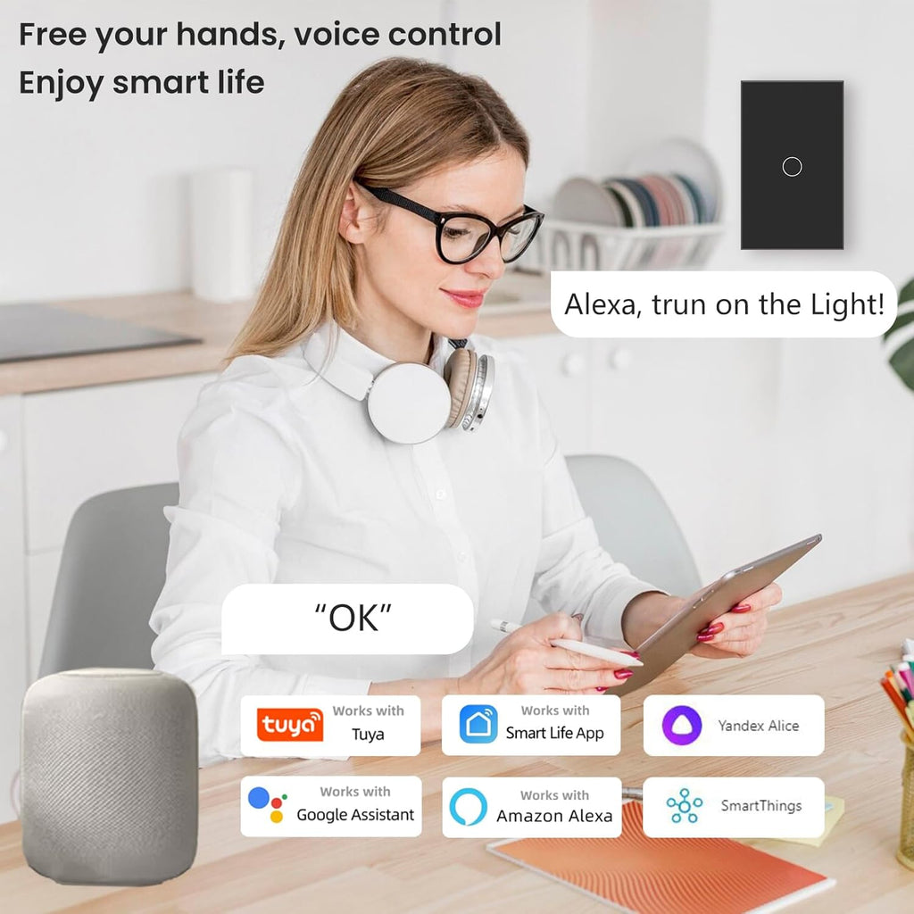 WiFi Smart Light Switch 118X72X34MM Need Neutral Wire,2.4GHz Wi-Fi Touch Switch,Work with Smart Life/Tuya App, Compatible with Alexa and Google Home, Black 1 Gang
