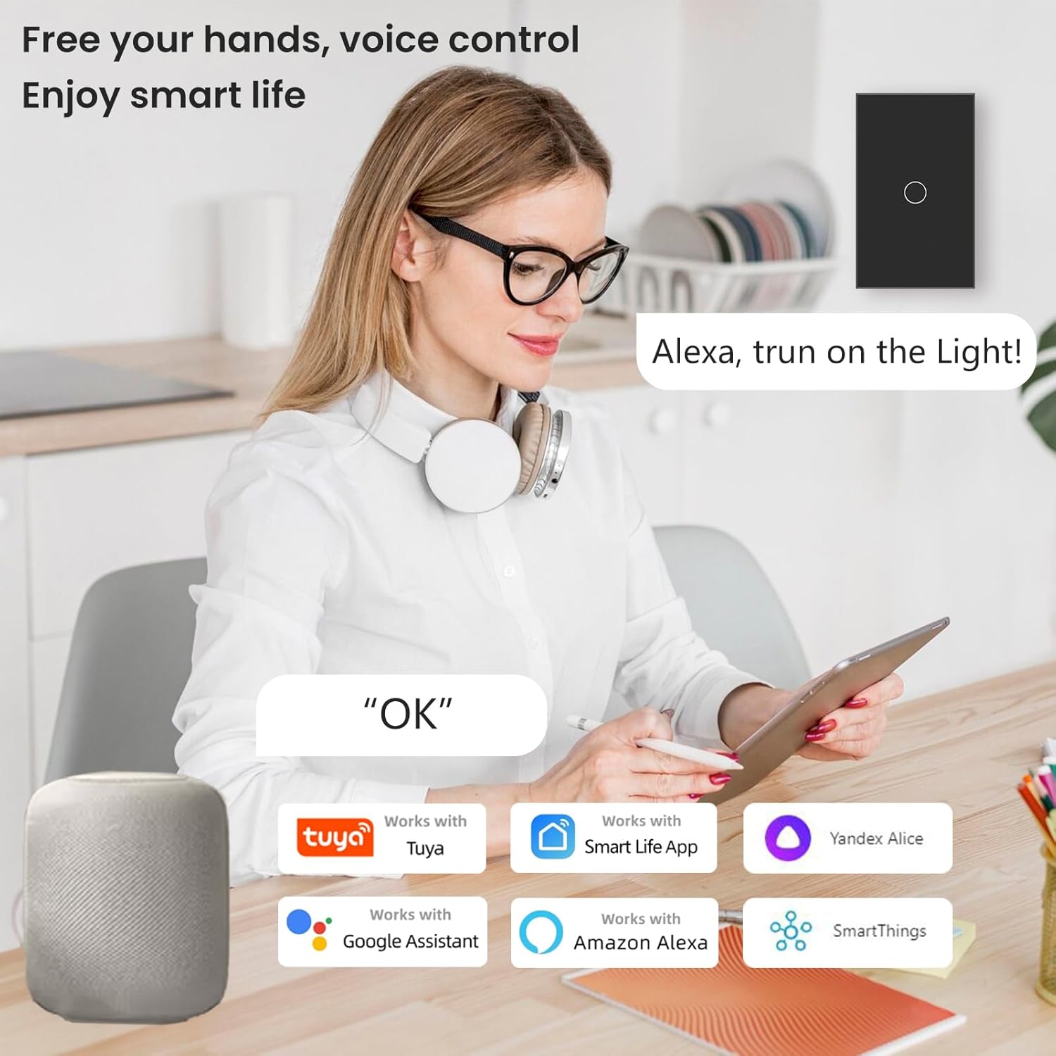 WiFi Smart Light Switch 118X72X34MM Need Neutral Wire,2.4GHz Wi-Fi Touch Switch,Work with Smart Life/Tuya App, Compatible with Alexa and Google Home, Black 1 Gang