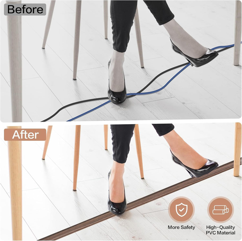 Floor Cord Cover Self Adhesive Cord Hider Floor Extension Cord Covers for Floor Power Cord Protector Cable Management Prevent Cable Trips Cable Cavity 0.59" W x 0.31" H (Smoked Brown Wood, 3.3Ft)