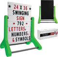 Swinging Changeable Message Sidewalk Sign: 24" x 36" Sign with 792 Pre-Cut Double Sided Letters and Storage Box. Includes Black Board & Letter Board (Green Color Legs)