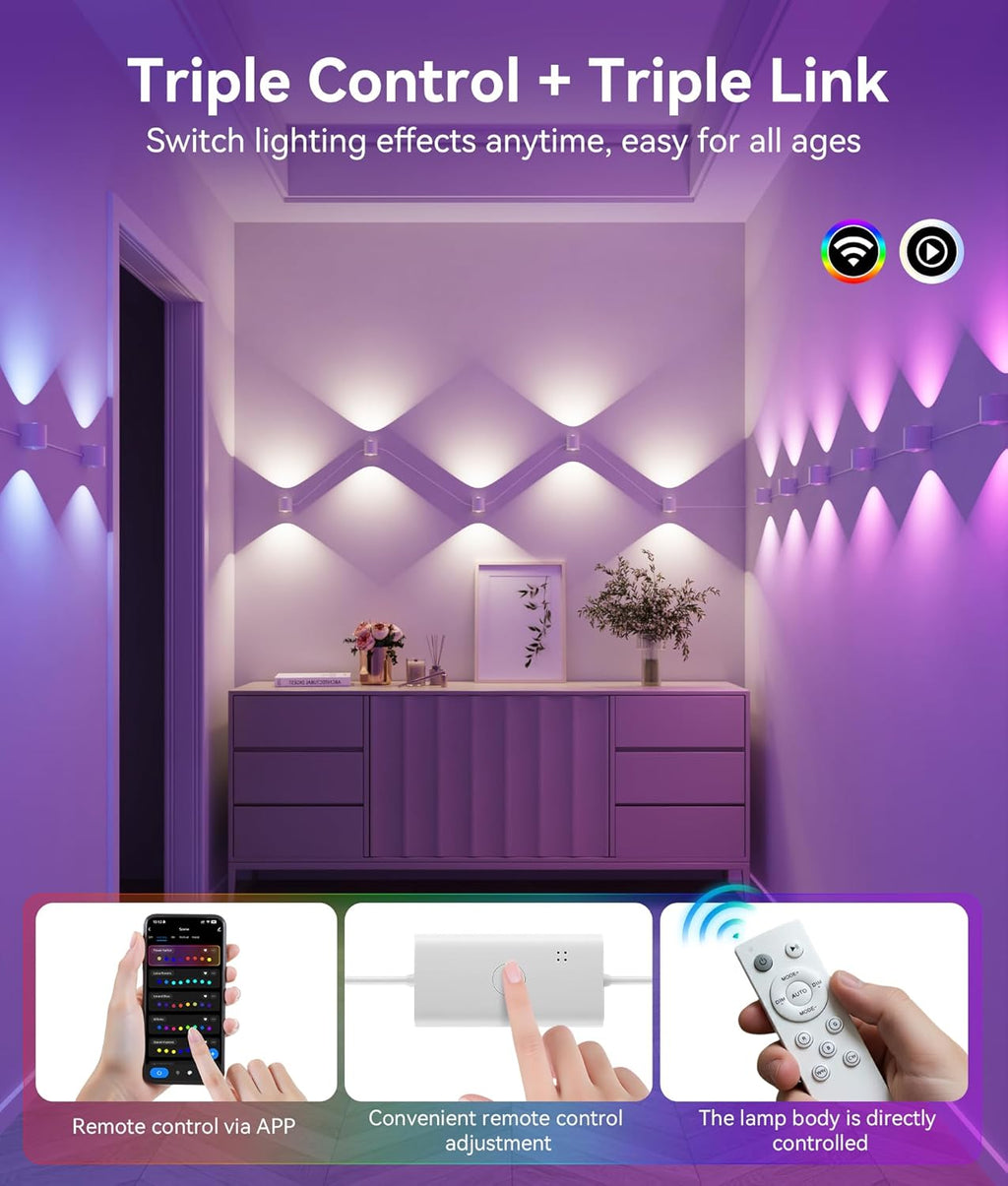 8 Lamp RGBCW Indoor Wall Lights, Up Down Lighting Bedroom Wall Sconces, Music Sync, DIY Styling White Color Changing Wall Lamps For Living room, Party, Home Decor, Compatible Alexa/Google Assistant