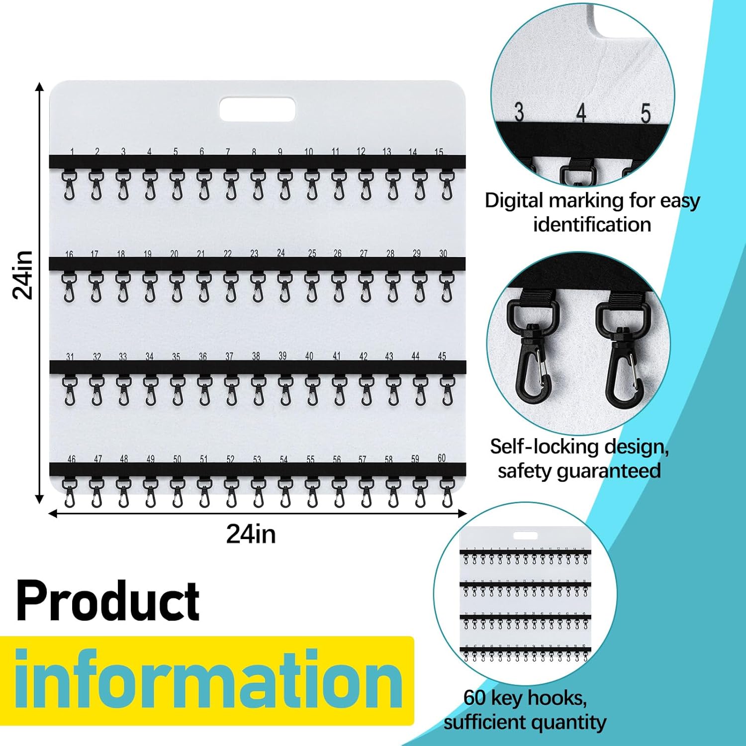 24'' x 24'' Key Rack Wall Mount with 38 Numbered Self Closing Hooks Felt Key Holder Board Storage for Car Dealer Property Manager Valet Parking Residential Small Businesses