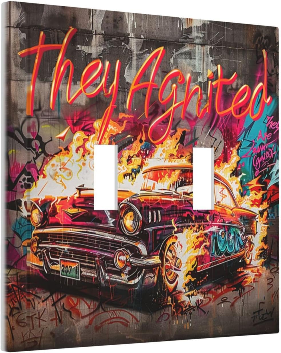 Decorative Switch Plates Hip Hop Street Graffiti Flame Car 2 Gang Double Toggle Outlet Light Switch Cover Wall Plate Electrical Faceplate for Bedroom living Room Decor